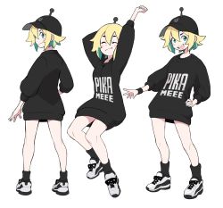 Rule 34 | 1girl, absurdres, amano pikamee, arms up, azuumori, blonde hair, breasts, character name, closed eyes, full body, green eyes, hair between eyes, hand on own hip, hat, highres, looking at viewer, multiple views, official alternate costume, open mouth, oversized clothes, oversized shirt, sharp teeth, shirt, shoes, short hair, simple background, small breasts, socks, standing, teeth, tongue, virtual youtuber, voms, white background
