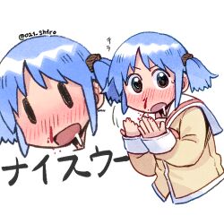 Rule 34 | 021 shiro, 1girl, black eyes, blood, blue hair, blush, cube hair ornament, drooling, hair ornament, long sleeves, looking at viewer, naganohara mio, nichijou, nosebleed, open mouth, saliva, school uniform, short hair, short twintails, simple background, solo, translation request, twintails, white background