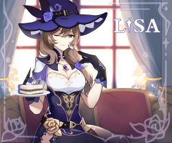 Rule 34 | 1girl, absurdres, artist request, belt, black gloves, black thighhighs, breasts, brown hair, cake, character name, cleavage, couch, dress, electro (genshin impact), food, genshin impact, gloves, green eyes, hair between eyes, hat, highres, holding, holding plate, holding spoon, jewelry, lisa (genshin impact), long hair, medium breasts, necklace, official art, one eye closed, plate, purple hat, short sleeves, sitting, smile, solo, spoon, thighhighs, vision (genshin impact), witch hat