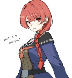 Rule 34 | 1girl, absurdres, bigkwl, black sailor collar, blue dress, braid, dated, dress, hair over shoulder, highres, kantai collection, neckerchief, nevada (kancolle), nevada kai (kancolle), one-hour drawing challenge, red eyes, red hair, red neckerchief, sailor collar, sailor dress, simple background, single braid, solo, twitter username, upper body, white background