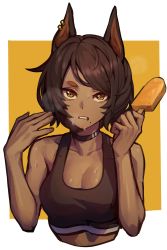 Rule 34 | 1girl, absurdres, animal ears, bare shoulders, black choker, black hair, black sports bra, border, breasts, choker, cleavage, collarbone, cropped torso, dark-skinned female, dark skin, dog ears, earrings, food, hands up, highres, holding, holding food, hot, jewelry, looking at viewer, medium breasts, mole, mole under mouth, open mouth, original, outside border, popsicle, short hair, simple background, solo, sports bra, stoll (tmxhf), striped, striped choker, sweat, swept bangs, teeth, thick eyebrows, upper body, vertical stripes, white border, white stripes, yellow background, yellow eyes