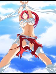 Rule 34 | 1girl, alternate hairstyle, armpits, arms up, asymmetrical bangs, bare shoulders, barefoot, blood, bound, breasts, brown eyes, cameltoe, captured, clenched hands, clenched teeth, closed eyes, collarbone, colorized, day, defeat, erza scarlet, eyelashes, fairy tail, fingernails, full body, gluteal fold, highres, huge filesize, humiliation, injury, japanese clothes, large breasts, legs, long hair, mashima hiro, midriff, navel, neck, official alternate costume, official art, outdoors, own hands together, pain, panties, pants, ponytail, red hair, red pants, sarashi, sexually suggestive, shiny skin, side bangs, sidelocks, sky, soles, spread legs, straight hair, sunlight, teeth, tentacles, thighs, tied up, toenails, toes, torn clothes, torn pants, underboob, underwear, white panties