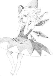 Rule 34 | 1girl, bad id, barefoot, cirno, dress, female focus, greyscale, hair between eyes, hands on own face, harikona, monochrome, pinafore dress, sketch, sleeveless dress, solo, touhou