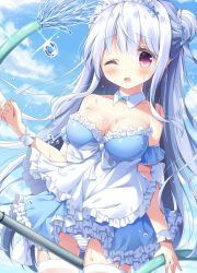Rule 34 | 1girl, alternate costume, apron, azur lane, blue sky, braid, breasts, cleavage, cygnet (an offer to be maid) (azur lane), cygnet (azur lane), d;, day, double bun, dress, enmaided, frilled dress, frills, garter straps, grey hair, hair between eyes, hair bun, highres, hose, long hair, maid, maid apron, maid headdress, one eye closed, open mouth, outdoors, panties, red eyes, satsuki yukimi, sky, solo, striped clothes, striped panties, thighhighs, underwear, very long hair, wet, white thighhighs, wrist cuffs