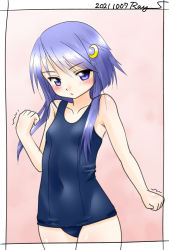 Rule 34 | 1girl, blue one-piece swimsuit, border, commentary request, covered navel, cowboy shot, crescent, crescent hair ornament, dated, flat chest, hair ornament, kantai collection, looking at viewer, one-hour drawing challenge, one-piece swimsuit, purple hair, ray.s, school swimsuit, short hair, short hair with long locks, solo, swimsuit, twitter username, white border, yayoi (kancolle)