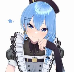 Rule 34 | 1girl, black gloves, blue eyes, blue hair, braid, earrings, frills, gloves, hat, highres, hololive, hoshimachi suisei, hoshimachi suisei (maid), jewelry, kasoku souchi, looking at viewer, official alternate costume, simple background, smile, solo, virtual youtuber, white background