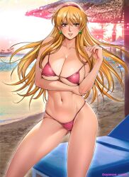 Rule 34 | 1girl, arm under breasts, beach, beach umbrella, bikini, blonde hair, blush, breasts, brown eyes, chair, commentary request, day, earrings, feet out of frame, floating hair, gundam, hairband, highres, jewelry, katejina loos, large breasts, long hair, looking at viewer, lounge chair, navel, ocean, outdoors, oyaman, parted lips, photo background, pink bikini, pink hairband, sand, shore, smile, solo, standing, stomach, strap pull, string bikini, sunlight, swimsuit, teeth, twitter username, umbrella, victory gundam