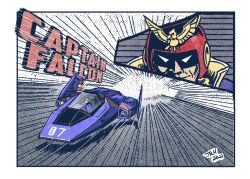 Rule 34 | 1boy, action, aircraft, artist name, blue falcon, border, captain falcon, character name, close-up, closed mouth, f-zero, flying car, helmet, high collar, highres, hover vehicle, jrcomicart, looking at viewer, mask, nintendo, race vehicle, red headwear, science fiction, smile, solo, speed lines, vehicle focus, white border, white eyes