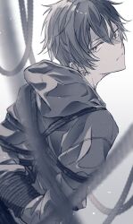 Rule 34 | 1boy, arms behind back, bound, closed mouth, earrings, hair between eyes, highres, hood, hood down, jewelry, kuuu ilst, long sleeves, looking at viewer, male focus, monochrome, multicolored hair, project sekai, rope, shinonome akito, shoes, sideways glance, solo, streaked hair, tied up (nonsexual), upper body