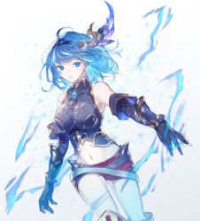 Rule 34 | 1girl, 720yen, ahoge, black gloves, black sleeves, blue eyes, blue hair, blue hairband, boots, breasts, character request, detached sleeves, floating hair, gloves, granblue fantasy, hair ornament, hairband, highres, knee boots, long sleeves, looking at viewer, medium breasts, medium hair, midriff, navel, parted lips, red shorts, short shorts, shorts, simple background, solo, standing, stomach, swept bangs, white background, white footwear