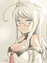 Rule 34 | 1girl, ahoge, aqua eyes, bare shoulders, blush, breasts, cleavage, dated, glasses, grey background, hat, headgear, heywood l. edwards (kancolle), kantai collection, large breasts, long hair, looking at viewer, matsuura@parao, signature, simple background, solo, upper body