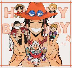 Rule 34 | 0goodiiy, 1girl, 5boys, bandana, bead necklace, beads, beard stubble, black hair, blonde hair, blush, burn scar, chibi, closed eyes, cowboy hat, cropped torso, demon horns, double v, edward newgate, facial hair, facial scar, freckles, full body, happy birthday, hat, highres, horns, japanese clothes, jewelry, long hair, marco (one piece), monkey d. luffy, multicolored hair, multiple boys, mustache, necklace, old, old man, one piece, portgas d. ace, sabo (one piece), scar, scar across eye, scar on cheek, scar on chest, scar on face, shoulder tattoo, simple background, sitting on shoulder, smile, straight-on, straw hat, stubble, tattoo, teeth, thick mustache, topless male, translation request, two-tone hair, v, white background, yamato (one piece)