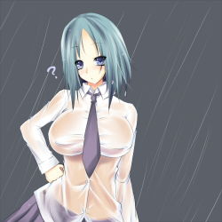 Rule 34 | 1girl, ?, bad id, bad pixiv id, blue eyes, blue hair, breasts, covered erect nipples, green hair, hand on own hip, hip focus, huge breasts, impossible clothes, impossible shirt, lowres, matching hair/eyes, necktie, original, otogi (s in w), rain, see-through, shirt, short hair, skirt, solo, wet, wet clothes