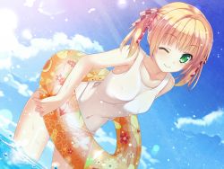 Rule 34 | 1girl, ;), bare arms, bare shoulders, bent over, blonde hair, blue sky, breasts, cloud, collarbone, covered navel, day, dutch angle, floral print, green eyes, hair ribbon, innertube, leaning forward, lens flare, light rays, looking at viewer, one-piece swimsuit, one eye closed, original, outdoors, ribbon, short hair, short twintails, sky, slit pupils, smile, solo, sunbeam, sunlight, swim ring, swimsuit, tutumiyuusuke, twintails, uzuki hiro, wading, water, white one-piece swimsuit, wink