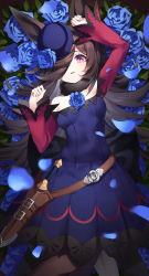 Rule 34 | 1girl, absurdres, animal ears, arms up, belt, black pantyhose, blue dress, blue flower, blue headwear, blue rose, blurry, breasts, brown hair, clenched hands, dagger, depth of field, dress, flower, flower bed, flying, fur collar, hair ornament, hair over one eye, highres, horse ears, indol, knife, leaf, light blush, long hair, long sleeves, looking at viewer, lying, off-shoulder dress, off shoulder, on back, pantyhose, parted lips, petals, purple eyes, rice shower (umamusume), rose, scabbard, shadow, sheath, small breasts, solo, umamusume, weapon