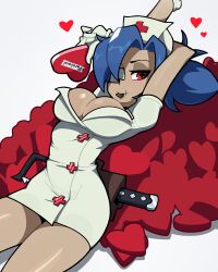 Rule 34 | 1girl, absurdres, arms up, blue hair, box, breasts, chocolate, cleavage, eating, eyepatch, food in mouth, gloves, half-closed eyes, hat, heart, heart-shaped box, highres, large breasts, latex, latex gloves, looking at viewer, lying, muds (tentacles r us), nurse cap, ponytail, scar, scar on face, skullgirls, smile, solo, valentine, valentine (skullgirls)