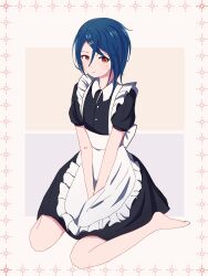 Rule 34 | 1boy, alcryst (fire emblem), alternate costume, apron, asymmetrical hair, barefoot, blue hair, closed mouth, crossdressing, dress, fire emblem, fire emblem engage, hair ornament, hairclip, highres, legs, liliya778, looking at viewer, maid, maid apron, male focus, nintendo, red eyes, short hair, simple background, solo, toes, white apron