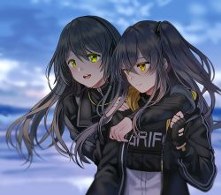 Rule 34 | arms around neck, black gloves, black jacket, blouse, blue sky, clenched hand, cloud, cloudy sky, crossed bangs, day, fingerless gloves, girls&#039; frontline, gloves, green eyes, grey hair, griffin &amp; kryuger, griffin &amp; kryuger military uniform, hair ornament, head tilt, hood, hooded jacket, hug, hug from behind, jacket, long hair, looking at another, open mouth, outdoors, ponytail, shirt, side ponytail, silence girl, sky, smile, tactical clothes, teeth, ump40 (girls&#039; frontline), ump45 (girls&#039; frontline), white shirt, yellow eyes