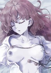 Rule 34 | 1girl, artist request, bed, bed sheet, bottomless, breasts, breasts out, brown hair, electrodes, the end of evangelion, highres, hospital, hospital bed, indoors, long hair, medium breasts, neon genesis evangelion, nipples, on bed, open clothes, open shirt, shiny skin, shirt, solo, souryuu asuka langley, unconscious, very long hair