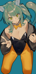 Rule 34 | absurdres, animal ears, bare shoulders, blue background, bow, breasts, cat ears, cat girl, cat tail, cleavage, ghost (tama), green eyes, green hair, highres, jacket, looking at viewer, open mouth, original, side ponytail, simple background, small breasts, tail, v, yellow bow