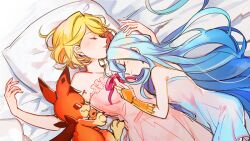 Rule 34 | 2girls, bare arms, bed sheet, blonde hair, blue dress, blue hair, closed mouth, collarbone, cunonn, djeeta (granblue fantasy), dress, from above, granblue fantasy, long hair, lying, lyria (granblue fantasy), multiple girls, on back, on side, parted lips, pillow, pink dress, red ribbon, ribbon, short dress, short hair, sleeping, straight hair, strapless, strapless dress, very long hair, yuri