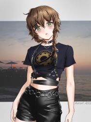 Rule 34 | 1girl, absurdres, alternate costume, amane suzuha, arms at sides, artist name, bags under eyes, belt, black shirt, black shorts, braid, breasts, brown hair, collar, contrapposto, cowboy shot, crop top, evening, gears, goth fashion, gothic, green eyes, highres, leather shorts, letterboxed, long hair, marsel arts, o-ring, o-ring belt, o-ring suspenders, ocean, outdoors, parted lips, pier, punk, punkish gothic, shirt, shorts, small breasts, steins;gate, studded choker, t-shirt, twilight, twin braids, umbrella
