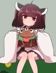Rule 34 | 1girl, ahoge, brown eyes, brown hair, burger, closed mouth, copyright request, feet out of frame, food, green background, hair ornament, hands up, head tilt, highres, holding, knees together feet apart, long sleeves, looking at viewer, obi, red sash, sash, simple background, sitting, solo, sumiyao (amam), touhoku kiritan, voiceroid, wide sleeves