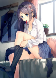 Rule 34 | 1girl, absurdres, bed, black hair, black socks, blue eyes, breasts, cleavage, dress shirt, dressing, feet, hair ornament, hairband, hairclip, highres, long hair, mouth hold, no shoes, original, parsley-f, pillow, plant, potted plant, ribbon, school uniform, shirt, sitting, sketch, skirt, socks, solo
