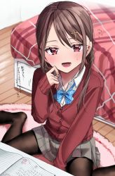 Rule 34 | 1girl, bed, bed sheet, blush, bow, braid, brown hair, buttons, cardigan, chigusa minori, collared shirt, doodle, embarrassed, fingernails, hair ornament, hairclip, highres, lined paper, long hair, looking away, math, nail polish, notebook, open mouth, original, pantyhose, pink nails, pink rug, plaid, plaid ribbon, playing with own hair, pleated skirt, red eyes, ribbon, rug, school uniform, shirt, sitting, on floor, skirt, sweatdrop, table, wooden floor
