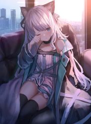 1girl animal_ears arknights bare_shoulders black_collar black_ribbon black_thighhighs blue_eyes blush building cat_ears city collar couch dress feet_out_of_frame flat_chest grey_hair hair_ribbon highres indoors infection_monitor_(arknights) long_hair looking_at_viewer mint_(arknights) one_eye_closed parted_lips ribbon rubbing_eyes sitting skyscraper solo spaghetti_strap takashima_shoa thighhighs thighs very_long_hair waking_up white_dress window