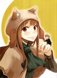 Rule 34 | 00s, 1boy, 1girl, absurdres, animal ears, ayakura juu, beard, brown hair, chibi, craft lawrence, facial hair, giant, giantess, hat, highres, holo, long hair, mini person, miniboy, official art, poncho, red eyes, scan, short hair, silver hair, smile, spice and wolf, wolf ears