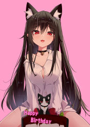 Rule 34 | 1girl, :3, :d, absurdres, animal ears, bell, black choker, black hair, breasts, button gap, cat, cat ears, choker, cleavage, collarbone, extra ears, happy birthday, highres, jingle bell, large breasts, long hair, long sleeves, looking at viewer, naughty face, off shoulder, open mouth, original, pink background, red eyes, shirt, sidelocks, simple background, slit pupils, smile, solo, spread legs, thighs, very long hair, white shirt, xingye (xing), yukizawa xueze