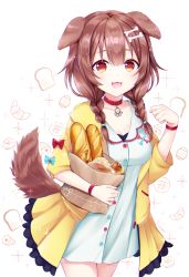 Rule 34 | 1girl, :3, :d, animal ears, bag, baguette, braid, bread, breasts, brown eyes, brown hair, chiutake mina, clenched hand, collar, collarbone, croissant, dog ears, dog girl, dress, fangs, food, food background, hair between eyes, highres, hololive, inugami korone, inugami korone (1st costume), long hair, medium breasts, melon bread, open mouth, paper bag, smile, solo, sparkle, twin braids, virtual youtuber, white background, white dress