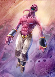 Rule 34 | 1boy, baggy pants, black sclera, colored sclera, colored skin, crazy smile, dragon ball, dragonball z, fangs, full body, highres, juan arrabel hernandez, majin buu, male focus, muscular, pants, pink skin, realistic, red eyes, smile, solo, topless male, vambraces, zoom layer