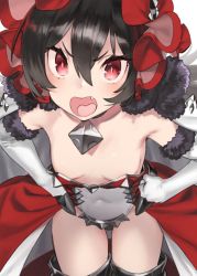 Rule 34 | 1girl, 92m, bare shoulders, black hair, blush, bonnet, breasts, cloak, covered navel, elbow gloves, fang, fur-trimmed cloak, fur trim, gloves, hair between eyes, hands on own hips, highres, ilya (princess connect!), ilya (small) (princess connect!), leotard, long hair, looking at viewer, open mouth, princess connect!, red eyes, red skirt, simple background, skirt, small breasts, solo, thighs, very long hair, white background, white cloak, white gloves, white leotard
