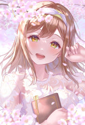 Rule 34 | 1girl, artist name, artist request, blouse, blush, book, breasts, brown eyes, brown hair, close-up, dress, falling petals, female focus, floral print, flower, frilled sleeves, frills, hair between eyes, hairband, highres, holding, holding book, kunikida hanamaru, light brown hair, long hair, looking at viewer, love live!, love live! school idol festival, love live! sunshine!!, nail, nail polish, outdoors, parted lips, petals, pink nails, plaid, plaid dress, pleated, pleated dress, puffy short sleeves, puffy sleeves, shirt, short sleeves, smile, solo, upper body, white dress, white flower, white hairband, white shirt, yellow eyes, yellow hairband