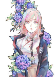 Rule 34 | 1girl, artist name, beige skirt, black hoodie, blue flower, breasts, collared shirt, commentary request, danganronpa (series), flipped hair, floral background, flower, hair ornament, hairclip, hood, hoodie, hydrangea, long sleeves, looking at viewer, medium breasts, nanami chiaki, neck ribbon, pink eyes, pink hair, pink ribbon, pleated skirt, ribbon, shi er xian, shirt, short hair, skirt, solo, white shirt, wing collar