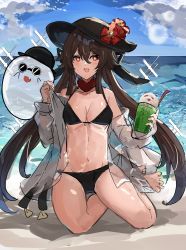 Rule 34 | 1girl, bare legs, bare shoulders, barefoot, bikini, black bikini, black hat, blue sky, breasts, brown hair, cup, day, drinking glass, flower, genshin impact, hair between eyes, hat, hat flower, highres, holding, holding cup, hu tao (genshin impact), long hair, navel, ocean, off shoulder, outdoors, red eyes, red flower, sitting, sky, small breasts, solo, stomach, swimsuit, the olphy, thighs, twintails, very long hair, water, yokozuwari
