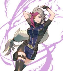 Rule 34 | 1girl, arms behind head, belt, bessho emma, black gloves, black thighhighs, bodysuit, breasts, fingerless gloves, full-length zipper, ghost girl (yu-gi-oh! vrains), gloves, grey hair, large breasts, long hair, looking at viewer, loose belt, low-tied long hair, multicolored hair, one eye closed, pink lips, pouch, purple eyes, purple hair, short sleeves, solo, teryusake, thigh pouch, thigh strap, thighhighs, two-tone hair, very long hair, wince, yu-gi-oh!, yu-gi-oh! vrains, yuu-gi-ou, yuu-gi-ou vrains, zipper, zipper pull tab