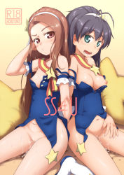 Rule 34 | 2girls, :d, antenna hair, aqua eyes, bare shoulders, black hair, blush, boots, bottomless, breasts, brown hair, cover, cover page, cum, cum on body, cum on lower body, cushion, forever star (idolmaster), ganaha hibiki, hairband, idolmaster, idolmaster (classic), long hair, looking at viewer, medium breasts, minase iori, multiple girls, navel, nipples, open mouth, petite, ponytail, pussy juice, sitting, small breasts, smile, stain, star (symbol), strap slip, sweat, ttomm, wariza
