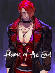 Rule 34 | 1boy, arms at sides, black choker, choker, collarbone, english text, hair over one eye, highres, jacket, jewelry, looking at viewer, male focus, necklace, pants, pectoral cleavage, pectorals, red eyes, red hair, shirt, short hair, simple background, solo, standing, syachiiro, the king of fighters, the king of fighters &#039;95, the king of fighters xv, yagami iori