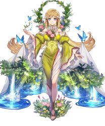 Rule 34 | 1girl, animal, bird, blonde hair, blue eyes, breasts, closed mouth, dress, fire emblem, fire emblem heroes, flower, full body, hair ornament, highres, long hair, looking at viewer, medium breasts, nintendo, non-web source, official art, smile, solo, standing, toeless footwear, toes, transparent background, turtleneck, water, wide sleeves, ymir (fire emblem heroes)