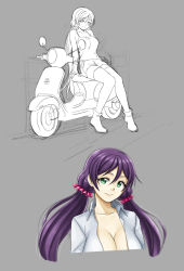 Rule 34 | 10s, 1girl, ankle boots, boots, breasts, cleavage, dress shirt, green eyes, grey background, highres, large breasts, long hair, love live!, love live! school idol project, low twintails, motor vehicle, open clothes, open shirt, out-of-frame censoring, partially colored, pas (paxiti), purple hair, scooter, scrunchie, shirt, shorts, simple background, sitting, sketch, smile, solo, spaghetti strap, tank top, thighhighs, tojo nozomi, twintails, vehicle, vespa