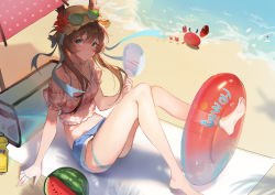 Rule 34 | 1girl, absurdres, amiya (arknights), animal ears, arknights, bare legs, barefoot, beach, beach towel, beach umbrella, bikini, blue bikini, blue eyes, blue shorts, blush, breasts, brown hair, closed mouth, commentary, crab, day, english commentary, eyewear on headwear, flower, food, fruit, full body, hair between eyes, hand fan, hat, hat flower, hibiscus, highres, holding, holding fan, innertube, jewelry, long hair, looking at viewer, multiple rings, off-shoulder shirt, off shoulder, official alternate costume, outdoors, paper fan, pink shirt, plaid, plaid shirt, polka dot, rabbit ears, ring, shirt, short shorts, shorts, sitting, small breasts, softkittywarmkitty, solo, straw hat, sunglasses, swim ring, swimsuit, towel, twintails, uchiwa, umbrella, watermelon