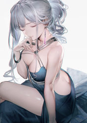 Rule 34 | 1girl, ak-12 (girls&#039; frontline), ak-12 (quiet azure) (girls&#039; frontline), arm support, ass, back, backless dress, backless outfit, blue dress, bracelet, breasts, butt crack, cleavage, closed eyes, closed mouth, collarbone, crossed legs, curly hair, dress, duplicate, earrings, fingernails, girls&#039; frontline, hand to own mouth, hand up, highres, holding, jewelry, large breasts, liduke, lipstick, long hair, makeup, official alternate costume, silver hair, sitting, smile, solo, thighs