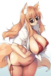Rule 34 | 1girl, animal ear fluff, animal ears, bikini, bikini under clothes, blouse, blush, breasts, brown hair, commentary, covered erect nipples, cowboy shot, fate/grand order, fate (series), fox ears, fox tail, grin, groin, highres, huge breasts, kuronyan, long hair, looking at viewer, navel, open clothes, open shirt, red bikini, shirt, smile, solo, suzuka gozen (fate), swimsuit, tail, thighs, white shirt, wide hips, yellow eyes
