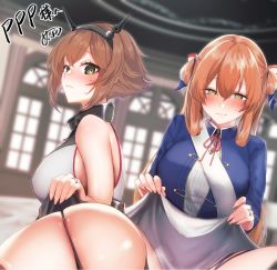 Rule 34 | 2girls, ass, bare shoulders, blazer, blurry, blurry background, blush, breasts, brown hair, clothes lift, commission, commissioner upload, crossover, dress, dress lift, embarrassed, girls&#039; frontline, green eyes, hair between eyes, hair ribbon, hair rings, headgear, indoors, jacket, jewelry, kantai collection, large breasts, long hair, looking at viewer, miniskirt, multiple girls, mutsu (kancolle), ribbon, ring, sakiryo kanna, sash, second-party source, shiny skin, short hair, sidelocks, skirt, springfield (girls&#039; frontline), sweat, take your pick, thighhighs, twintails, wedding band, white dress