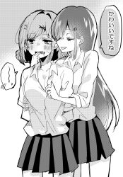 Rule 34 | 2girls, assertive female, blush, breasts, cleavage, female focus, finger in another&#039;s mouth, highres, monochrome, multiple girls, school uniform, shirt, skirt, tears, white shirt, yuri