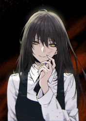 Rule 34 | 1girl, black dress, black hair, black neckerchief, blood, blood on clothes, chainsaw man, collared shirt, cross scar, dress, facial scar, finger to face, highres, long hair, looking at viewer, neckerchief, pinafore dress, red background, ringed eyes, scar, scar on cheek, scar on face, scar on nose, shirt, sky-freedom, sleeveless, sleeveless dress, smile, white shirt, yoru (chainsaw man)