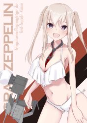 Rule 34 | 1girl, alternate costume, bare shoulders, between breasts, bikini, breasts, character name, cleavage, cowboy shot, gluteal fold, graf zeppelin (kancolle), grey eyes, grey hair, highres, holding, kantai collection, large breasts, long hair, looking at viewer, medium breasts, midriff, navel, necktie, necktie between breasts, neve (morris-minicooper), open mouth, sidelocks, smile, solo, swimsuit, twintails, white bikini